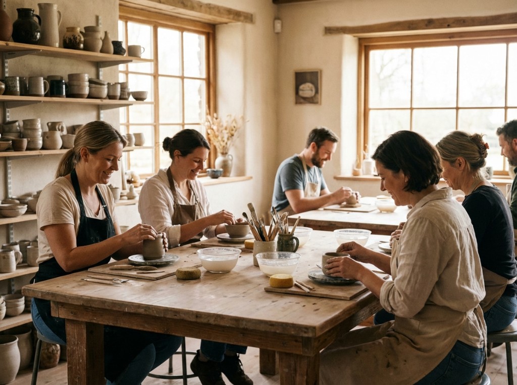 Grupo de alumnos modelando cerámica en el taller de Triana